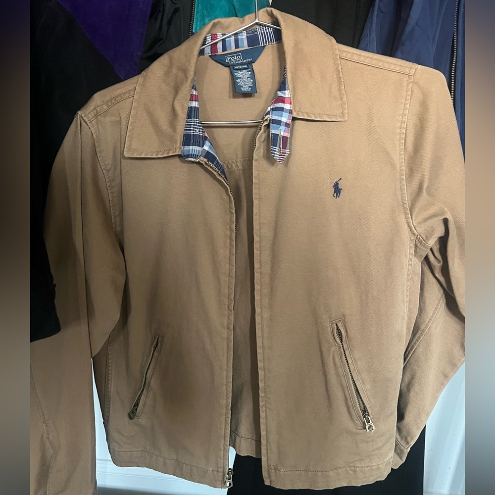 Polo by Ralph Lauren Boys 12-14/Women’s SM Camel Jacket Plaid Collar 100% Cotton